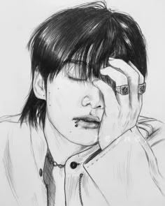 a black and white drawing of a person holding their hand to his face while looking at the camera