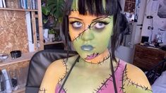 Msi Frankenstein Girl, Prom Zombie, Frankenstein Girl Costume, Frankenstein Girls Msi, Girl Frankenstein, Black Hair Costumes Halloween, Cute Frankenstein Makeup, Halloween Frankenstein Makeup, Fun Makeup Ideas Halloween Easy