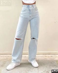 Fisdy - Vaqueros de tiro alto con cortes y rotos Ripped Baggy Jeans, Womens Ripped Jeans, Ripped Pants, Womens Fashion Jeans, Trendy Jeans, Outfit Jeans, Cute Jeans, Womens Jeans, Women Denim Jeans