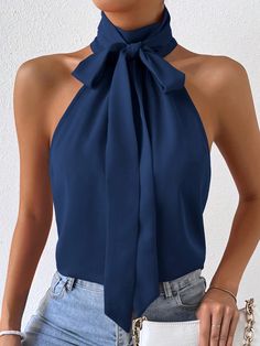 Azul Marinho elegante Collar Sem Mangas Tecido Simples Top Embellished Não elástico Top In Pizzo, Halter Shirt, Halter Blouse, Business Formal Dress, Halter Tank Top, Halter Tops, Halter Neck Top, Professional Dresses, Feminine Look