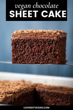 a close up of a piece of cake on a plate with the words vegan chocolate sheet cake