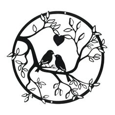 two birds sitting on a tree branch with hearts in the branches and leaves around them