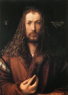 a painting of a man with long hair and beard wearing a fur collar, holding his hands on his chest