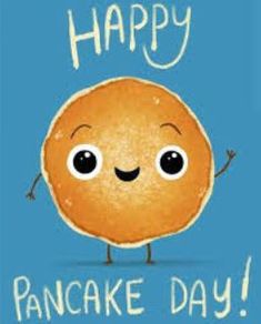 a happy pancake day card with an image of a smiling face and arms up