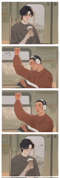 the storyboard shows how to use headphones for listening to music while riding on a train