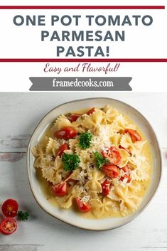 one pot tomato parmesan pasta in a white bowl