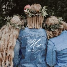 three women in denim jackets with flower crowns on their heads and the words mrs harrison printed on them