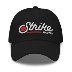 "A stylish, low-profile dad hat that was created for the bowler who loves hitting strikes. Features a subtly humorous, embroidered \"Strike Master\" design with retro bowl inspired text. A funny bowling hat for men or women and an awesome bowling gift for dad, husband, grandpa, grandma, bowling team or friend for Christmas, Father's Day, birthday or holiday. * Low-profile, unstructured 6-panel bowling hat * 100% chino cotton twill * Adjustable strap with antique buckle * Head circumference: 20 ½ Retro Black Dad Hat With Curved Brim, Retro Curved Bill Dad Hat For Baseball Season, Retro Dad Hat With Curved Bill For Baseball Season, Retro Sports Hat With Letter Print, Retro Adjustable Dad Hat With Embroidered Logo, Retro Dad Hat For Baseball Season, Retro Dad Hat With Letter Print, Retro Dad Hat With Embroidered Logo, Bowling Pun