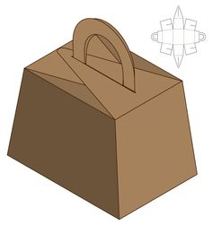 a brown paper bag with a handle on the front and side, next to an origami cut out of it