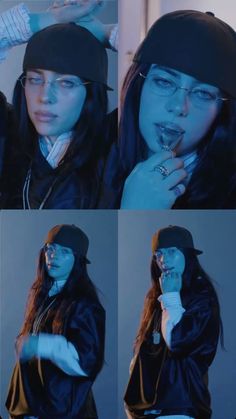 four photos of a woman wearing glasses and a hat with her finger in her mouth