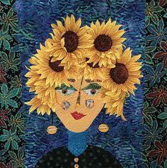 a painting of a woman with sunflowers on her head