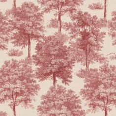 a red and white forest wallpaper with trees on it's back drop down