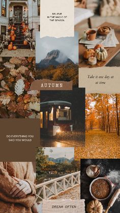 an autumn collage with pumpkins, leaves and other things to do in the fall