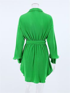 Commuter Pleated Dress Waist Long Sleeve Shirt Skirt Green V-neck Shirt Dress For Fall, Casual Green Long Sleeve Shirt Dress, Casual Pleated Shirt Dress For Fall, Green Collared Mini Dress For Spring, Long Sleeve Belted Shirt Dress For Date Night, Green Knee-length Solid Color Shirt Dress, Green Casual Dress With Pleated Skirt, Casual Green Dresses With Pleated Skirt, Solid Color Mini Shirt Dress For Work