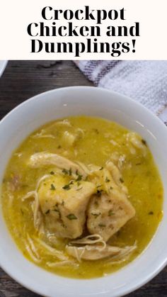 two bowls of chicken and dumplings in the slow cooker with text overlay