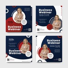 four business webinar flyers with woman in suit