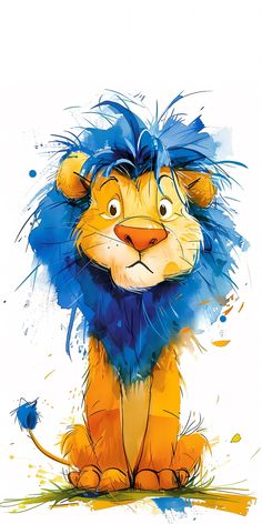 a watercolor drawing of a lion with blue manes and yellow spots on its face