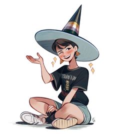 a woman sitting on the ground wearing a witches hat and holding her hand up to her face