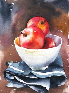 a painting of apples in a white bowl on a blue and white cloth with watercolor stains