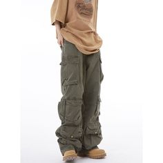 Unisex High Street Multi-Pocket Wide Leg Army Green Cargo Pants Fabric: Cotton+Polyester Size: S, M, L, XL, 2XL Multiple Color Selections: Army Green, Black Season: Spring, Fall, Winter Outdoor Full-length Work Pants With Pockets, Baggy Utility Bottoms For Outdoor, Utility Baggy Bottoms For Outdoor, Baggy Bottoms With Pockets For Fall, Khaki Pants With Multiple Pockets, Baggy Khaki Parachute Pants With Pockets, Baggy Khaki Cargo Pants With Side Pockets, Green Outdoor Work Pants With Pockets, Khaki Full-length Pants With Multiple Pockets