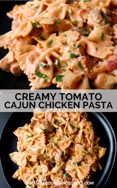 creamy tomato cajun chicken pasta on a black plate with text overlay that reads creamy tomato cajun chicken pasta