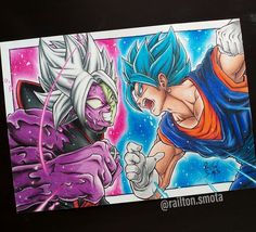 the dragon and gohan side by side on a piece of paper with colored ink