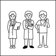 three doctors are standing in line and one is holding a clipboard with his hand