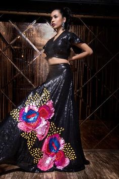 Shop for The Royaleum Black Sequin Embroidered Lehenga Set for Women Online at Aza Fashions V Neck Lehenga, Black Lehenga, Embroidered Lehenga, Luxury Sale, V Neck Blouse, Floral Motifs, Black Sequins, Set For Women, Festival Wear