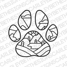 an animal paw with mountains and trees on it's side, in the shape of a