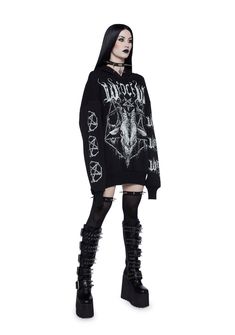 cuz you love goth metal. This hoodie has word and Baphomet graphics on the front and sleeves, adjustable drawstrings, and an oversized fit. Goth Metal, Free Socks, Ski Mask, Slipknot, Dolls Kill, Gothic Fashion, Black Hoodie, Exclusive Collection, Shoes And Accessories