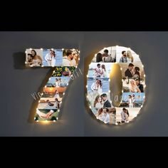 the number seventy seven is made up of photos and letters that spell out 70 years