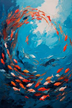 an abstract painting of many fish swimming in the ocean water with blue sky and clouds