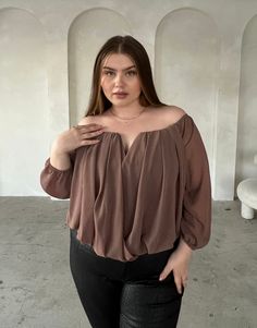 Curve Draped Chiffon Blouse Plus Size Tops Mocha 1XL -2020AVE Versatile Solid Blouse For Night Out, Elegant Brown Tops For Date Night, Elegant Brown Top For Date Night, Brown Long Sleeve Top For Date Night, Elegant Brown Blouse For Night Out, Draped Blouse, Feminine Top, Dressy Blouse, Women Long Sleeve Tops