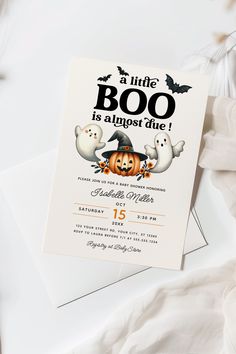 a little boo is almost done halloween party card with ghost and pumpkins on it