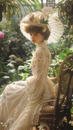 a woman sitting on top of a chair wearing a dress and umbrella over her head