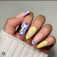 Summer  Italian nails Greek nails Lemon Yellow  Blue White  Europe Summer Nails Citrus, Blue And Yellow Almond Nails, Citron Nails, Positano Nails, Fruits Nail Art, Mediterranean Nail Designs, Nails With Fruit Design, Capri Nails, Orange Slice Nails