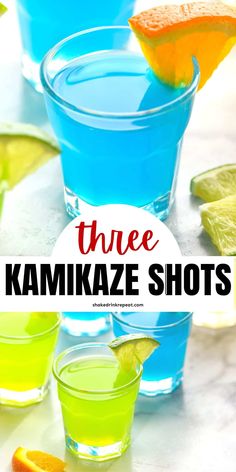 three shot glasses filled with blue, green and orange alcoholic drinks that are garnished with lime wedges