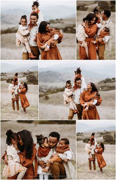 a collage of photos showing people hugging each other in the middle of an open field