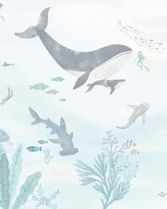 an underwater scene with whale, seaweed and other marine life in pastel colors