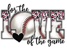 the word love is written in leopard print with a baseball and heart