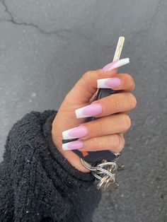 Pink N White Acrylic Nails, Pink And White French Tip Acrylic Nails Coffin, Long Square Acrylic Nails Pink And White, White Tip Pink Nails, White Pink French Nails, Pink And White French Tip Nails Long, Pink Acrylic With White French Tip, Pink Acrylic With White Tip, Pink And White French Tip Ombre Nails