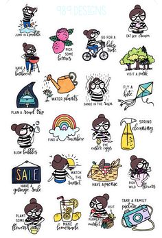 an illustrated sticker sheet with various items and words on it, all in black and white