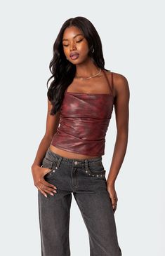 Edikted Haze Strappy Faux Leather Top | PacSun Leather Top Outfit, Red Leather Top, Outfit Drawing, Rainbow Cardigan, Faux Fur Top, Dance All Night, Nashville Trip, Faux Leather Top, Dark Autumn