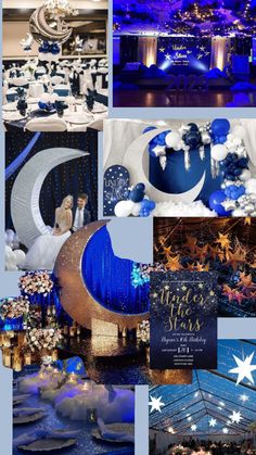 a collage of blue and white decorations