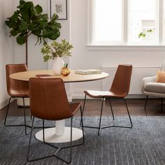 a table with chairs and a potted plant in the corner next to a window