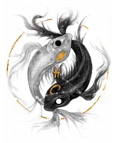 a drawing of two black and white animals in a circle with gold accents on it