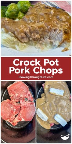 crock pot pork chops with gravy and broccoli on the side