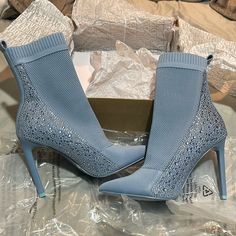 New In Box Steve Madden Majesty Embellished Mesh High Heeled Booties Blue Size 9 Never Worn Blue Embellished Party Boots, Embellished Blue Party Boots, Glamorous Blue Rhinestone Boots, Blue Pointed Toe Boots With Rhinestones, Blue High Heel Boots With Rhinestones, Blue Rhinestone Boots With Pointed Toe, Blue Rhinestone Pointed Toe Boots, Blue Party Boots With Rhinestones, Blue Rhinestone Party Boots