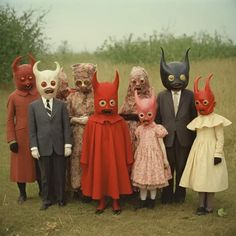 a group of people in costume standing next to each other on a grass covered field