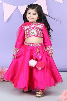 Hot pink silk blouse with floral, sequins and beaded embroidery. Comes with a lehenga and a dupatta. - Aza Fashions Pink Party Wear Sets For Celebration, Pink Lehenga For Festive Occasions, Designer Kids Wear, Blouse Lehenga, Sequins Blouse, Festive Wedding, Lehenga Pattern, Beaded Neckline, Indian Wedding Planning